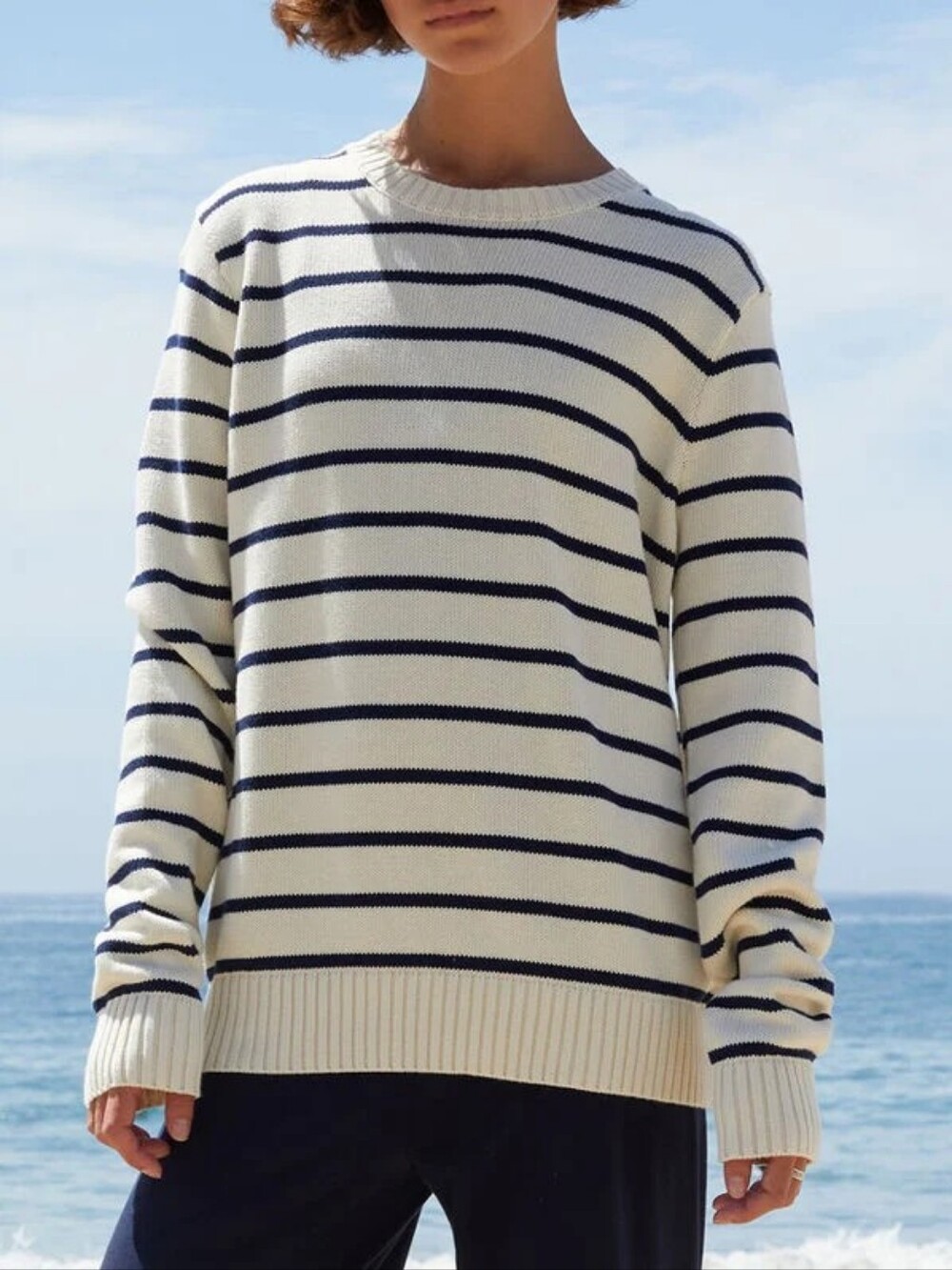 Brandy Melville Cream Crewneck Sweater with Navy Stripes